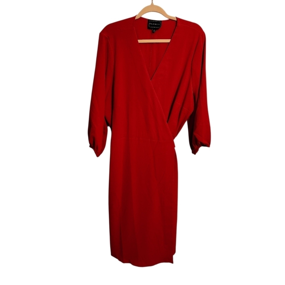 Eloquii Premier | Women's Classic Red Wrap 3/4 Length Sleeve Dress (Size 20)